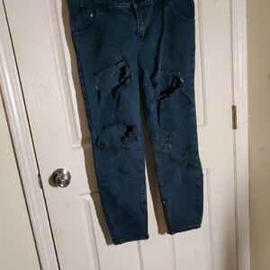 Dark Blue Distressed Women's Cropped Jeans